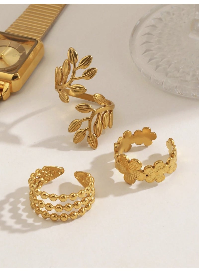 veya SET OF 3 WOMEN’S GOLD-PLATED RINGS 18K – FLORAL & LEAF DESIGN - Image 3